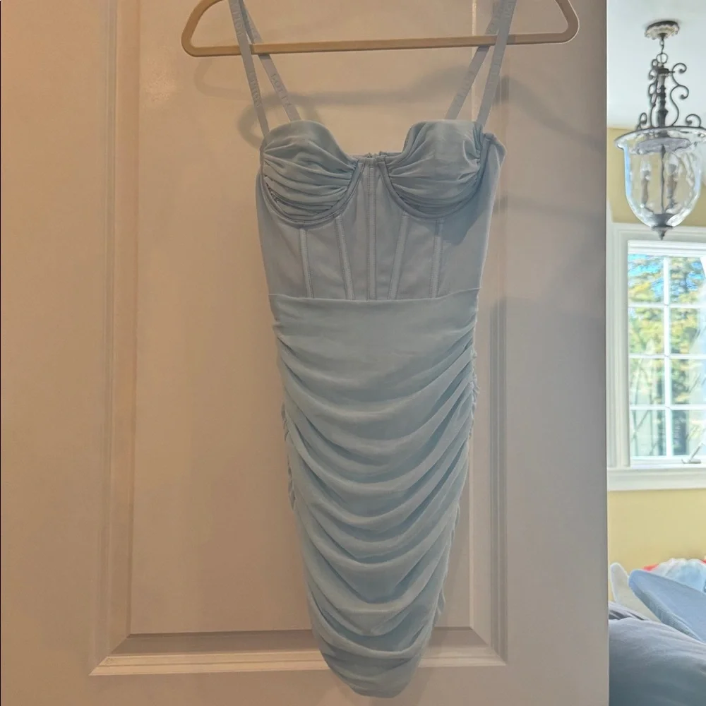 Oh Polly Light Blue Mesh Ruched Corset Dress - Picture 9 of 11